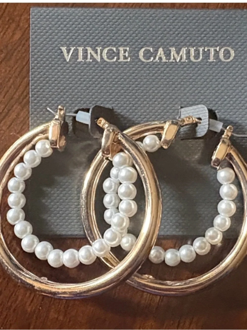 Vince Camuto Gold Hoops with White Pearl Inner Row